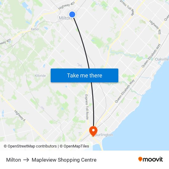Milton to Mapleview Shopping Centre map