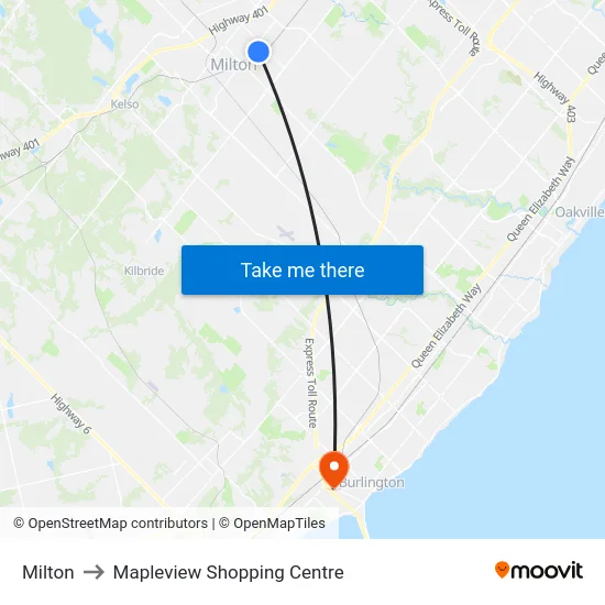 Milton to Mapleview Shopping Centre map