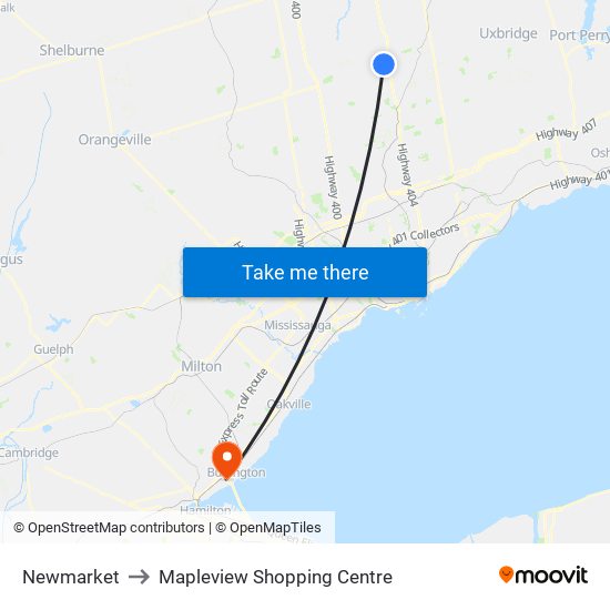Newmarket to Mapleview Shopping Centre map