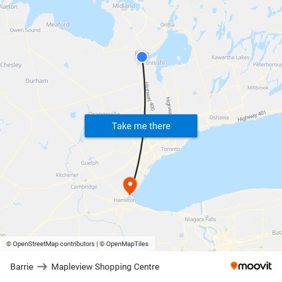Barrie to Mapleview Shopping Centre map