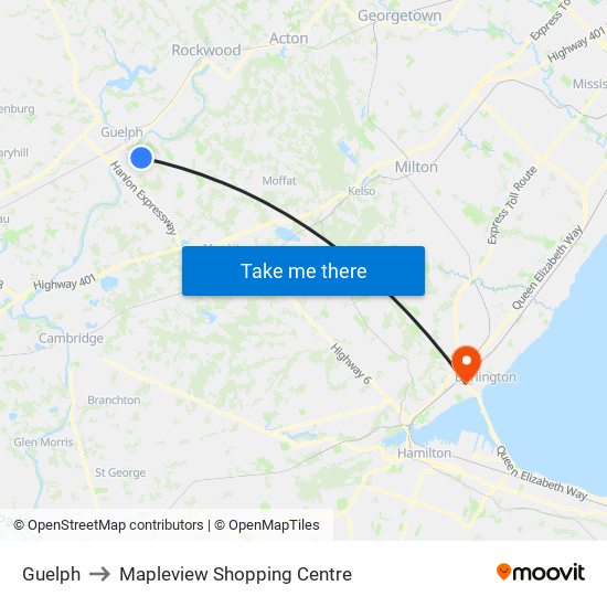 Guelph to Mapleview Shopping Centre map
