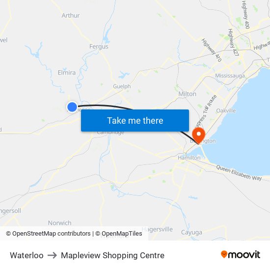 Waterloo to Mapleview Shopping Centre map