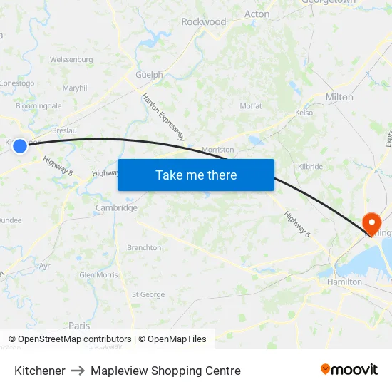 Kitchener to Mapleview Shopping Centre map