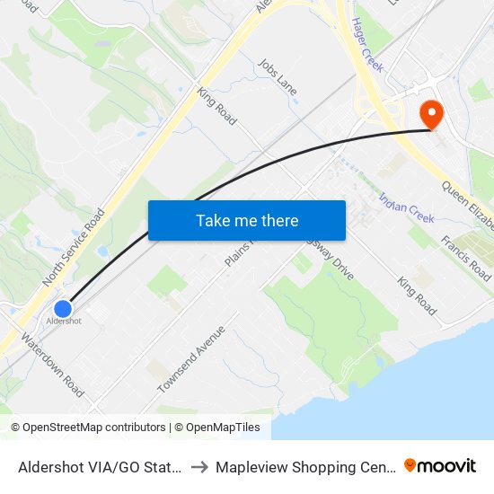 Aldershot VIA/GO Station to Mapleview Shopping Centre map