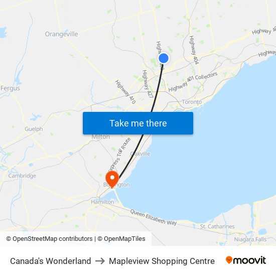 Canada's Wonderland to Mapleview Shopping Centre map