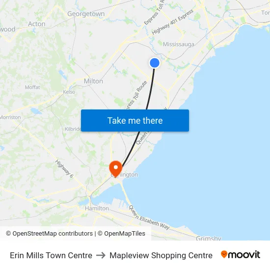 Erin Mills Town Centre to Mapleview Shopping Centre map