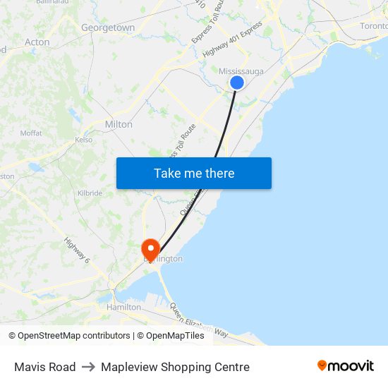 Mavis Road to Mapleview Shopping Centre map