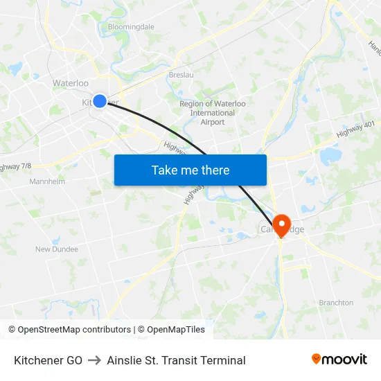 Kitchener GO to Ainslie St. Transit Terminal map