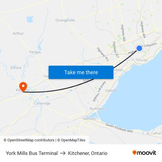 York Mills Bus Terminal to Kitchener, Ontario map