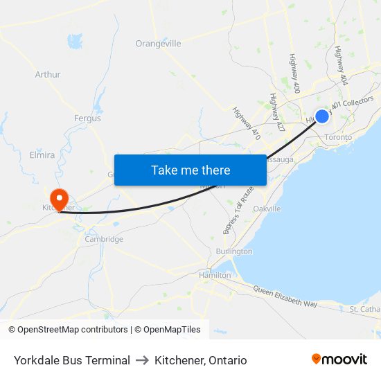 Yorkdale Bus Terminal to Kitchener, Ontario map