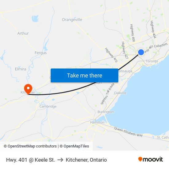 Hwy. 401 @ Keele St. to Kitchener, Ontario map