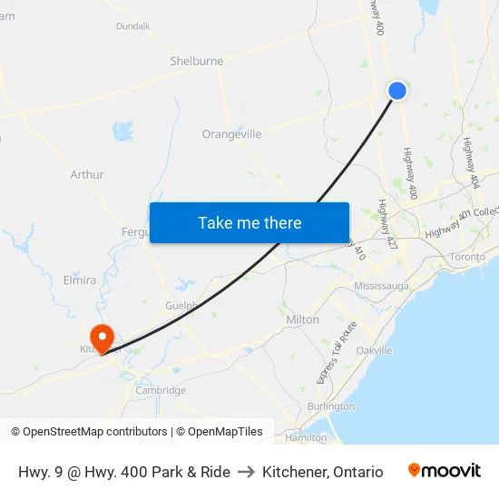 Hwy. 9 @ Hwy. 400 Park & Ride to Kitchener, Ontario map