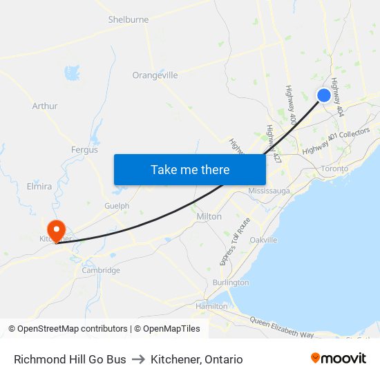 Richmond Hill Go Bus to Kitchener, Ontario map