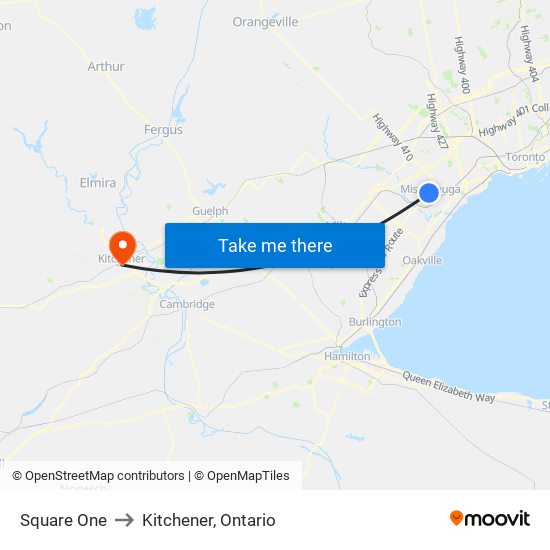 Square One to Kitchener, Ontario map