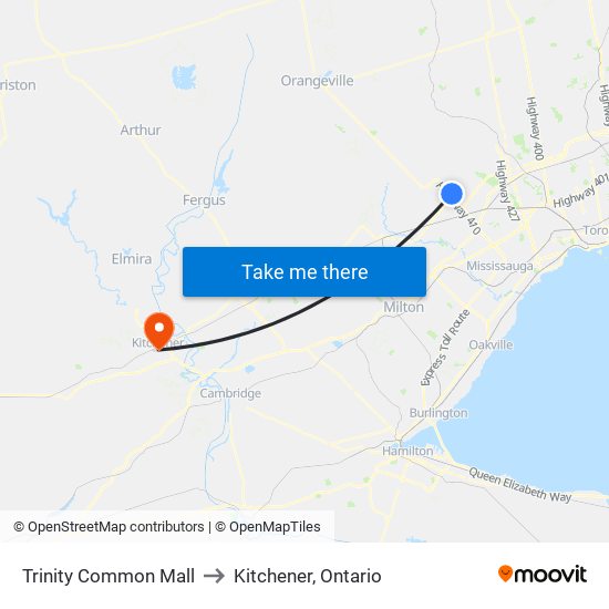 Trinity Common Mall to Kitchener, Ontario map