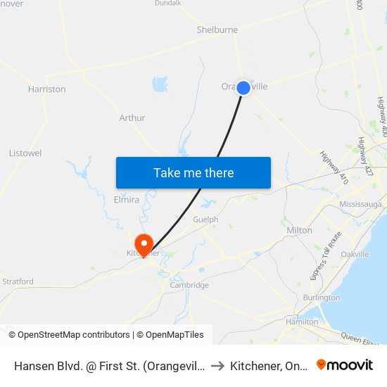 Hansen Blvd. @ First St. (Orangeville Mall) to Kitchener, Ontario map
