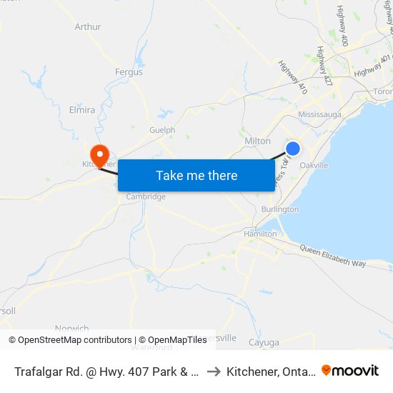 Trafalgar Rd. @ Hwy. 407 Park & Ride to Kitchener, Ontario map
