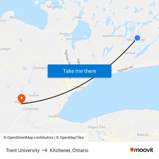 Trent University to Kitchener, Ontario map