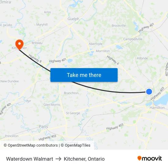 Waterdown Walmart to Kitchener, Ontario map