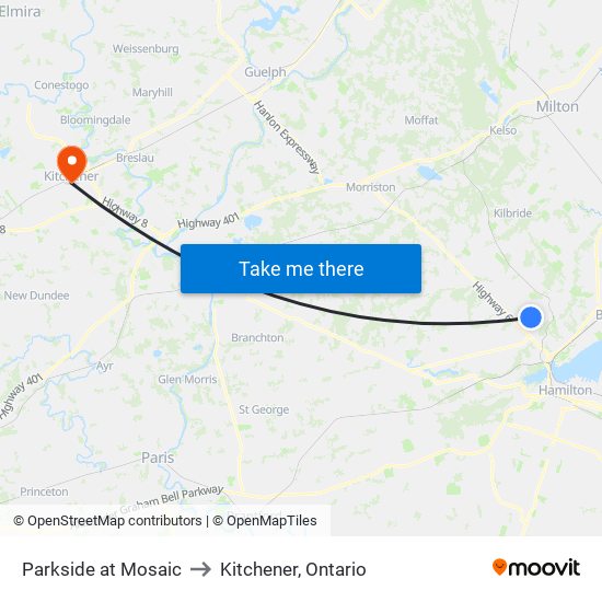 Parkside at Mosaic to Kitchener, Ontario map