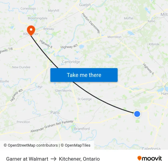 Garner at Walmart to Kitchener, Ontario map