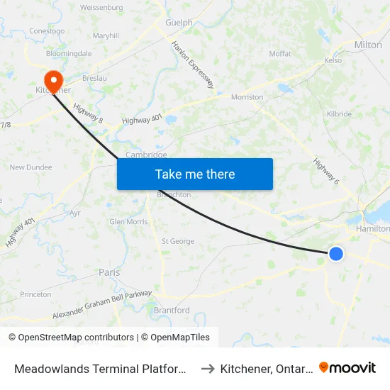 Meadowlands Terminal Platform 1 to Kitchener, Ontario map