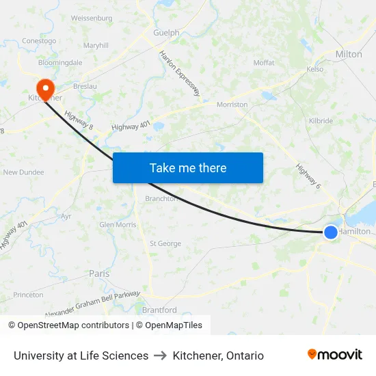 University at Life Sciences to Kitchener, Ontario map