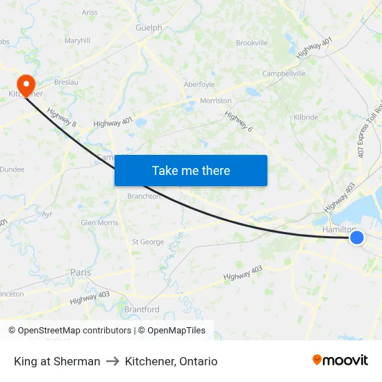 King at Sherman to Kitchener, Ontario map