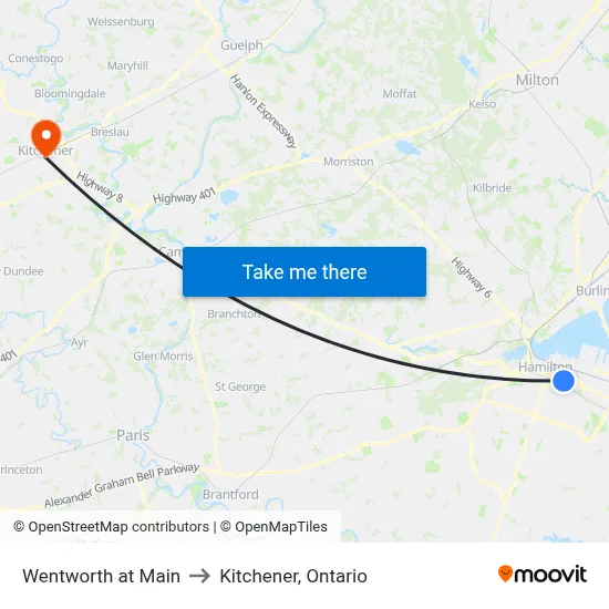 Wentworth at Main to Kitchener, Ontario map