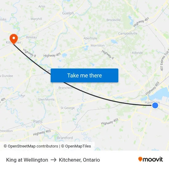 King at Wellington to Kitchener, Ontario map