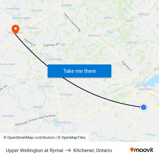 Upper Wellington at Rymal to Kitchener, Ontario map