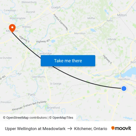 Upper Wellington at Meadowlark to Kitchener, Ontario map