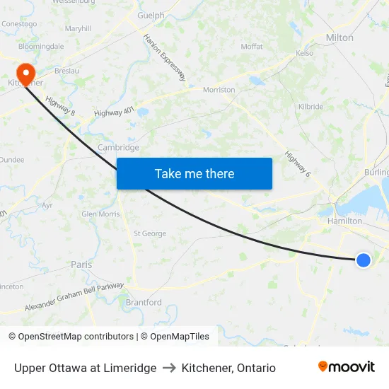 Upper Ottawa at Limeridge to Kitchener, Ontario map