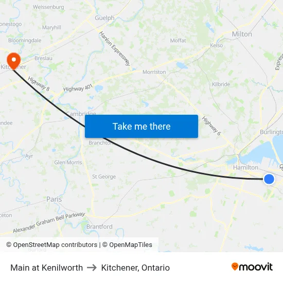 Main at Kenilworth to Kitchener, Ontario map