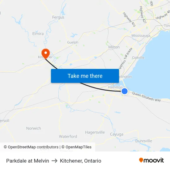 Parkdale at Melvin to Kitchener, Ontario map