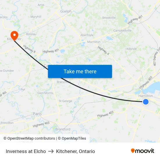 Inverness at Elcho to Kitchener, Ontario map
