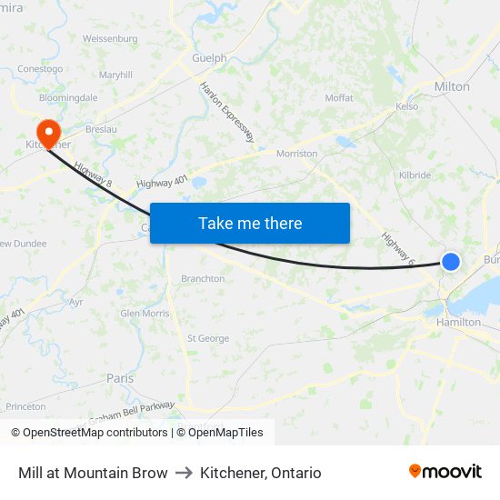 Mill at Mountain Brow to Kitchener, Ontario map