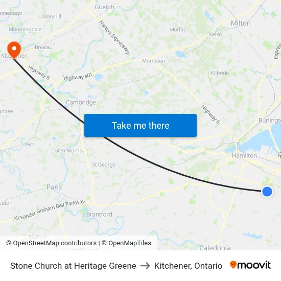 Stone Church at Heritage Greene to Kitchener, Ontario map
