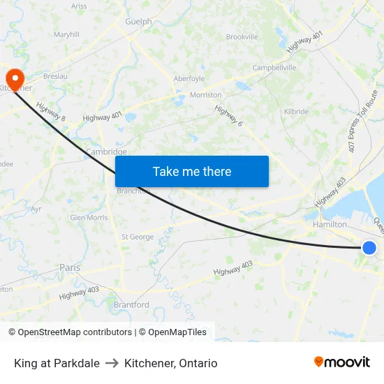 King at Parkdale to Kitchener, Ontario map