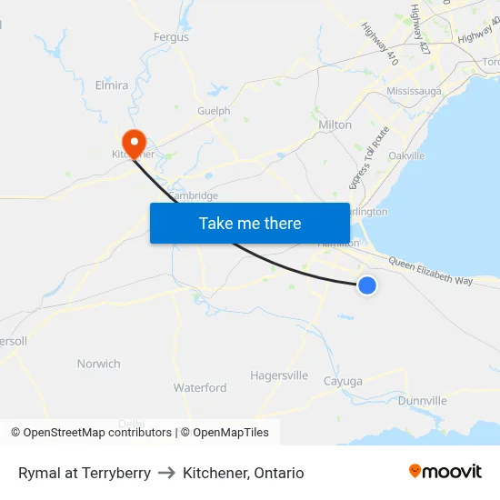 Rymal at Terryberry to Kitchener, Ontario map