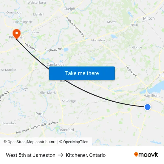 West 5th at Jameston to Kitchener, Ontario map