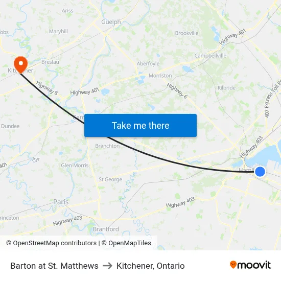 Barton at St. Matthews to Kitchener, Ontario map