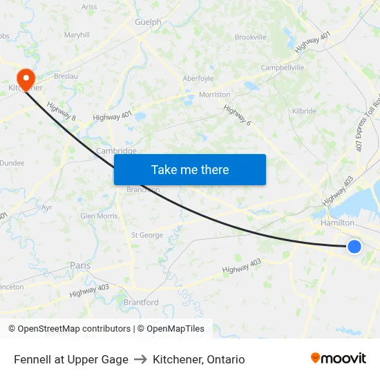 Fennell at Upper Gage to Kitchener, Ontario map