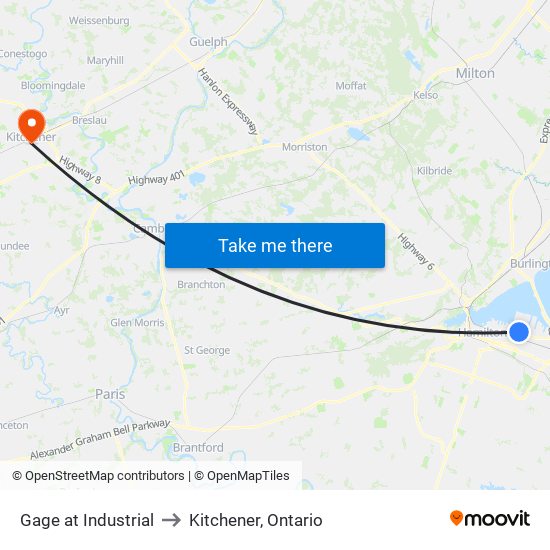 Gage at Industrial to Kitchener, Ontario map