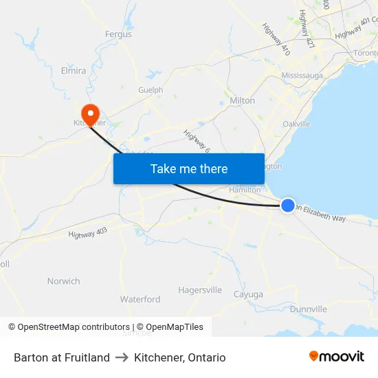 Barton at Fruitland to Kitchener, Ontario map