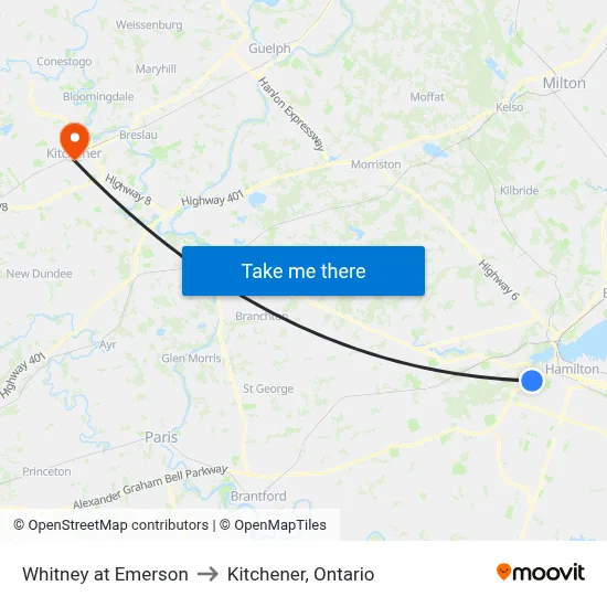 Whitney at Emerson to Kitchener, Ontario map