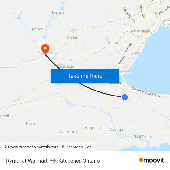 Rymal at Walmart to Kitchener, Ontario map