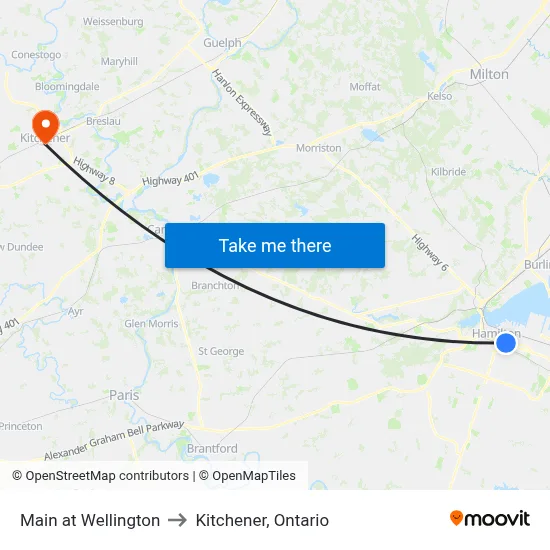 Main at Wellington to Kitchener, Ontario map