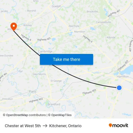 Chester at West 5th to Kitchener, Ontario map