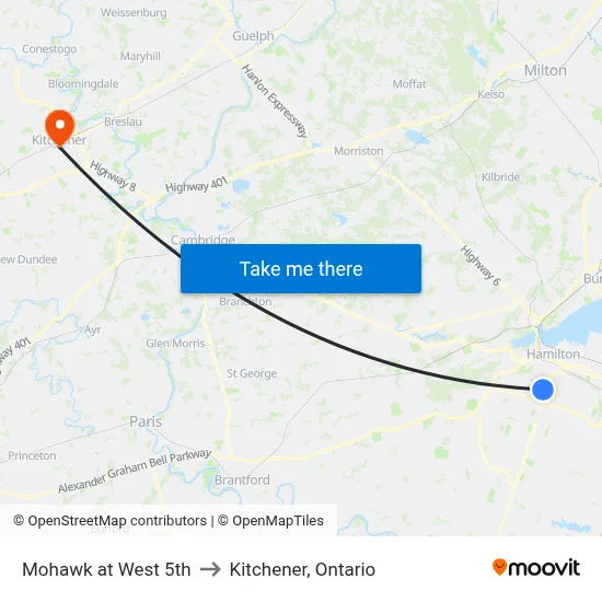 Mohawk at West 5th to Kitchener, Ontario map